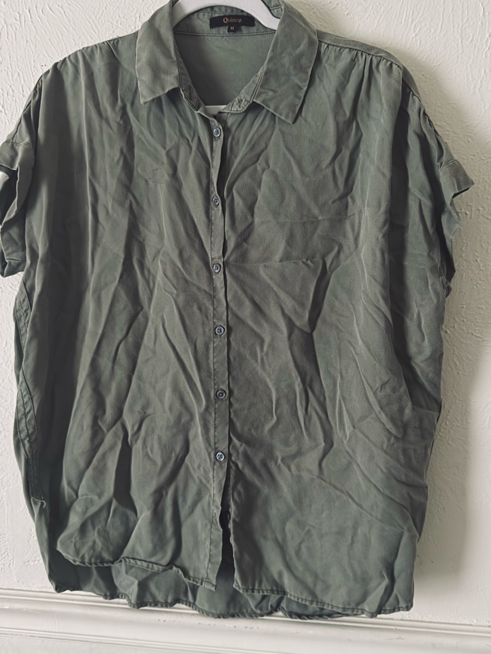 Quince Collar Short Sleeves Women Button-Down Shirt in Olive